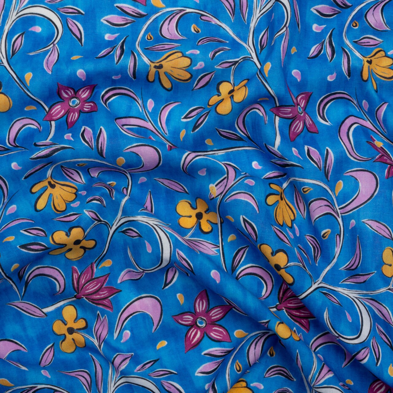 1 Yard Cotton Voile Blue and Yellow Floral Apollos Laurel Print Fabric
